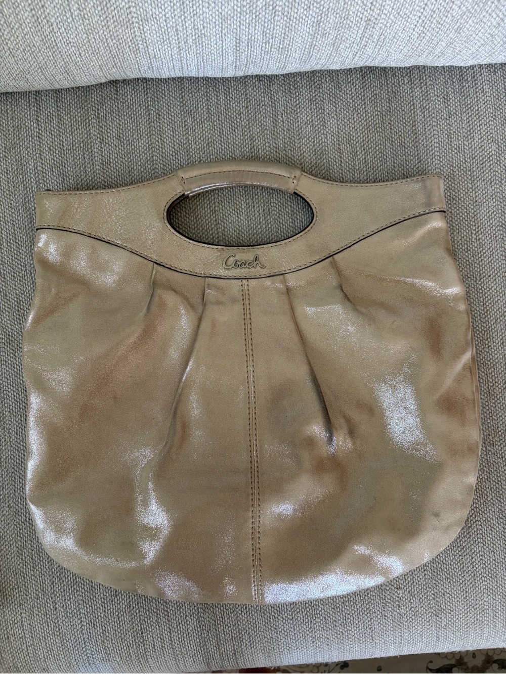 Coach Metallic champagne Leather Shoulder Tote with Cutout Handle